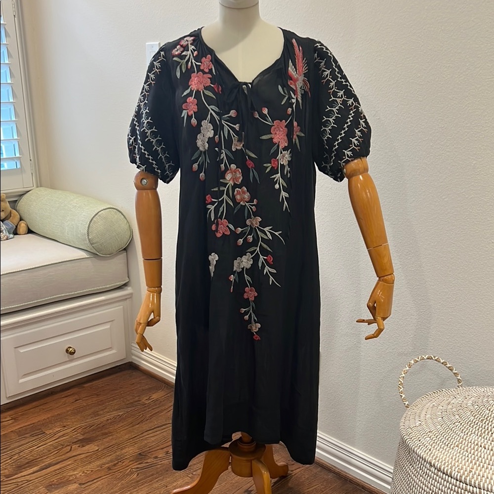 Johnny Was Cherri Tie Neck Midi Dress